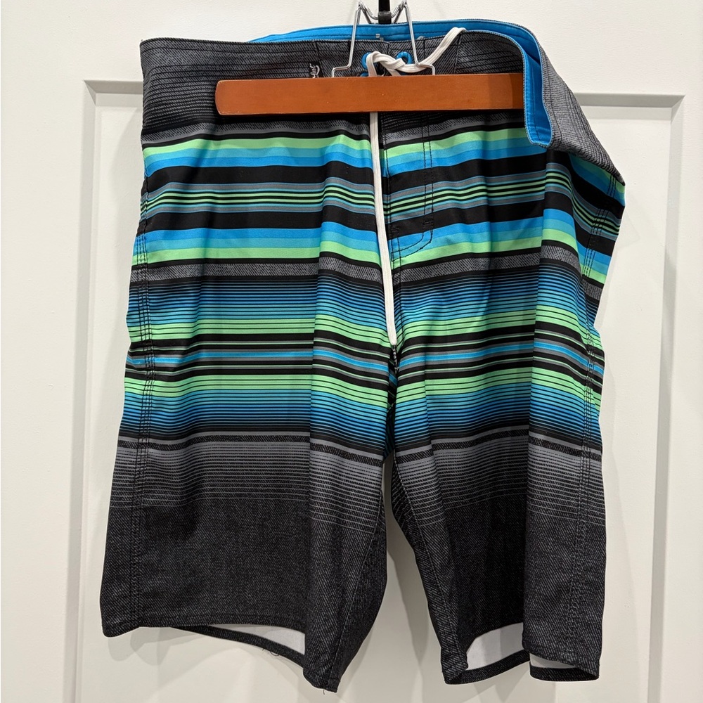 Lost Men's Swim Shorts - Black, Blue, Green Stripes